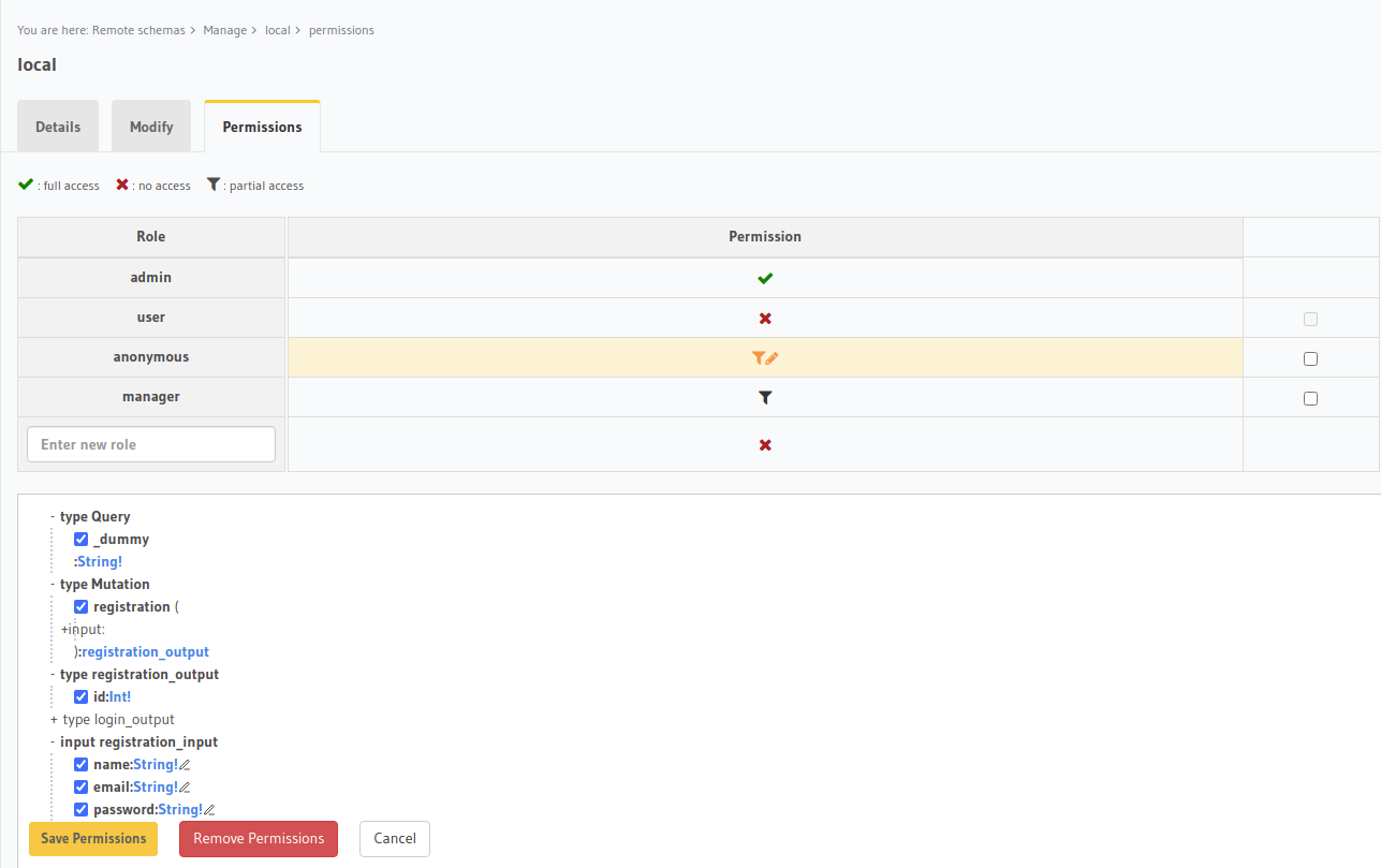 remote schema permissions