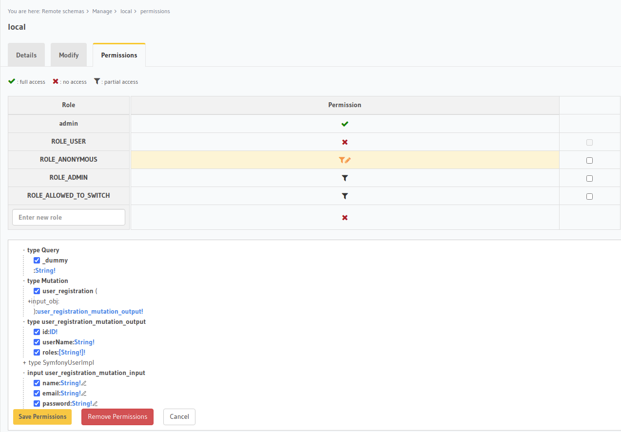 remote schema permissions